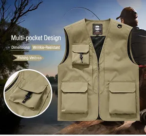 Detailed view of a khaki multi-pocket outdoor fishing vest showing durable fabric and pockets