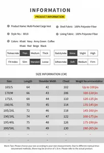 Detailed size chart for multi-pocket outdoor workwear vest, sizes S to 5XL