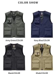 Tactical work vest with multi-pockets in army green, navy blue, black, and khaki colors.