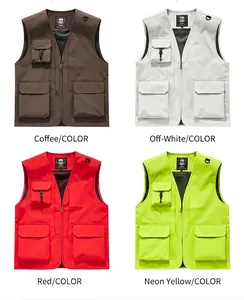 Detail view of multi-pocket outdoor vests in brown, beige, red, and yellow colors