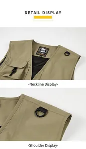 Detailed macro view showing the neckline and shoulder D-ring of a khaki outdoor work vest