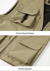 Close-up detail of front chest and side pockets on a khaki multi-pocket cargo vest