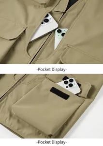Close-up detail of the durable utility pockets on a tan multi-pocket outdoor vest