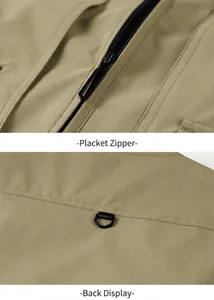 Detailed views of a khaki multi-pocket workwear vest showing zipper and back D-ring.
