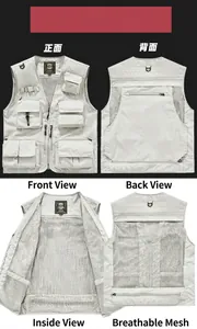 Multi-pocket outdoor vest detail views showing breathable mesh and functional pockets