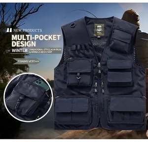 Detail view of a navy multi-pocket utility vest for fishing and outdoor activities