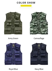 Displaying four colors of multi-pocket utility vests including camouflage and army green