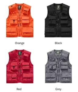 Multi-pocket work vest available in orange, black, red, and gray colors