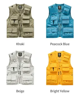 Multi-pocket utility vests shown in khaki, peacock blue, off-white, and bright yellow.