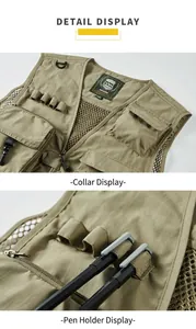 Detailed views of multi-pocket khaki utility vest showing neckline and pen holders