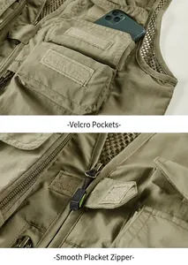 Detailed macro shots of tactical vest showing Velcro pocket flaps and smooth front zipper