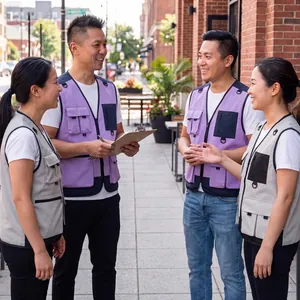 Multi-pocket work vest for customization with V-neck design shown on outdoor models
