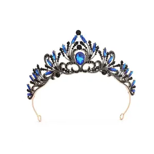 Tiara de mariée vintage élégante avec pierres bleues et noires pour mariages et fêtes