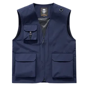 Professional navy blue multi-pocket utility workwear vest designed for outdoor activities