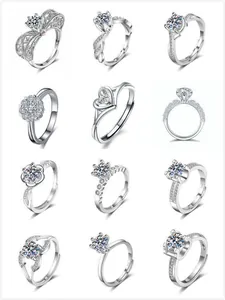Collection of adjustable silver rings with brilliant moissanite stone in various styles