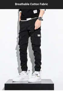 Men's black cargo pants with multiple pockets and elastic cuffs detail