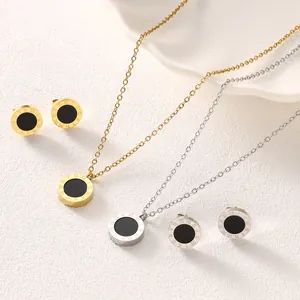 Elegant titanium steel Roman numeral jewelry set with black round pendant necklaces