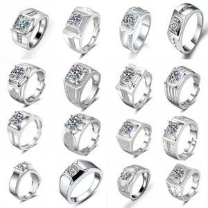 Grid display of various S925 silver moissanite rings in diverse masculine styles.