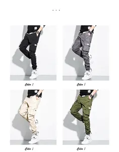 Detailed view of men's multi-pocket cotton cargo pants available in four colors