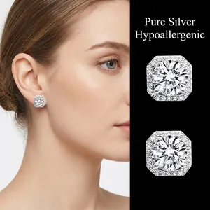 Macro detail of square halo moissanite stud earrings crafted in S925 sterling silver