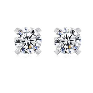 Orecchini a Bottone in Argento Sterling 925 con Moissanite Minimalisti Tondi Taglio Brillante a Quattro Griffe per Donna Gioielli