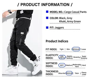 Detailed product specification chart for men's cotton multi-pocket cargo joggers