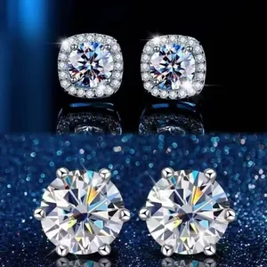 Macro view of S925 silver moissanite stud earrings in halo and 6-prong settings.