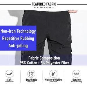 Detail showing 95% cotton cargo pants material features and breathable fabric icons.