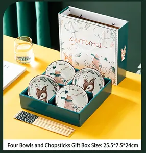 Service de bols et baguettes en céramique avec motifs animaux de la forêt en coffret.