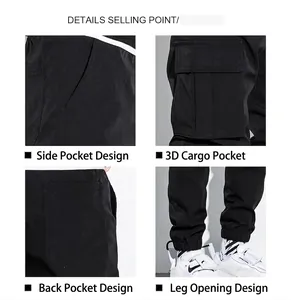 Close-up details of black cotton cargo pants with multiple pockets and elastic cuffs