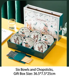 Vue détaillée de l'ensemble cadeau de bols en céramique et baguettes avec motifs animaux