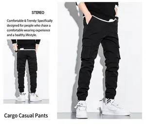 Close-up detail showing multi-pocket design on black cotton cargo jogger pants for men