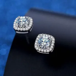 Close-up of S925 sterling silver square halo D-color moissanite stud earrings for women
