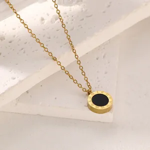 Minimalist titanium steel gold necklace with Roman numeral black pendant