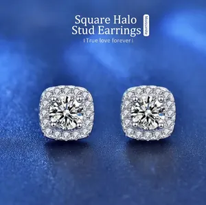 Close-up of S925 sterling silver square halo stud earrings with sparkling moissanite