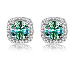 Detailed close-up of S925 sterling silver square halo earrings with green moissanite