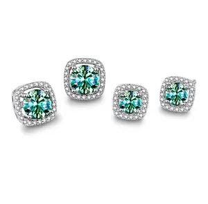Luxury S925 sterling silver stud earrings featuring square green moissanite halo design