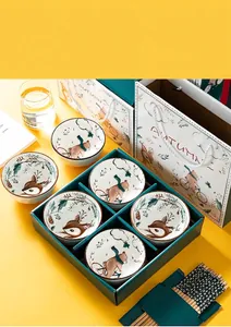 Coffret cadeau bols et baguettes en céramique avec illustrations d'ours et de cerf