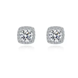Macro view of S925 sterling silver moissanite stud earrings with a square halo