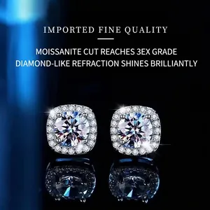 Detailed macro view of square halo moissanite stud earrings with brilliant sparkle