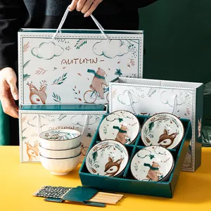 Combinaison de Dîner Bol en Porcelaine et Baguettes en Bois Illustration d'Animaux de la Forêt de Dessins Animés Vaisselle en Céramique pour la Maison Cadeau