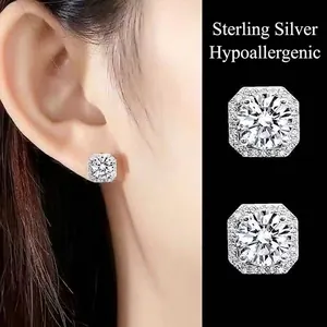 Elegant S925 sterling silver square Moissanite halo stud earrings D color for women gift
