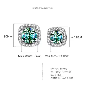 Product specification chart for 1ct and 0.5ct green moissanite silver stud earrings