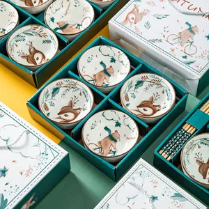 Coffret cadeau de bols et baguettes en céramique avec illustrations d'animaux d'automne