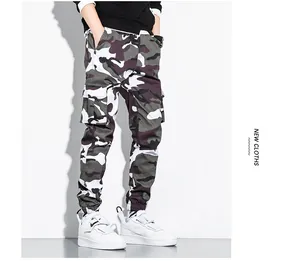 Close-up of men's camouflage cargo jogger pants with functional multi-pockets