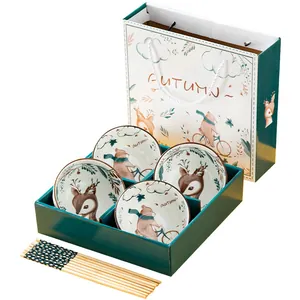 Coffret cadeau de bols en céramique avec illustrations d'animaux d'automne et sac