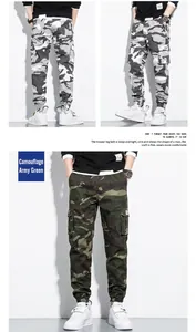 Close-up details of men's camouflage cargo pants featuring multi-pockets and jogger cuffs