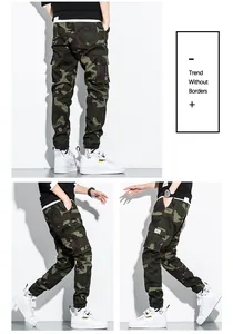 Macro view of men's camo cargo pants featuring multiple utility pockets and jogger cuffs