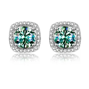 925 Sterling Silver D Color Moissanite Stud Earrings For Women Square Halo 4-Claw Inlaid Elegant Jewelry With GRA Certificate