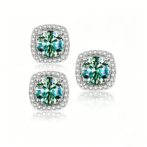 Elegant S925 sterling silver square halo stud earrings featuring green moissanite stones